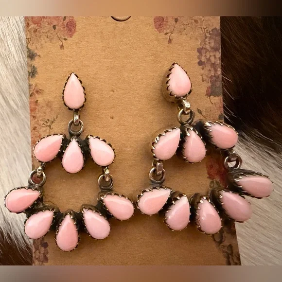 ❤️ Queen Pink Conch Navajo Style Statement 925 Dangle Chandelier Earrings 20.4Gm - Picture 4 of 12